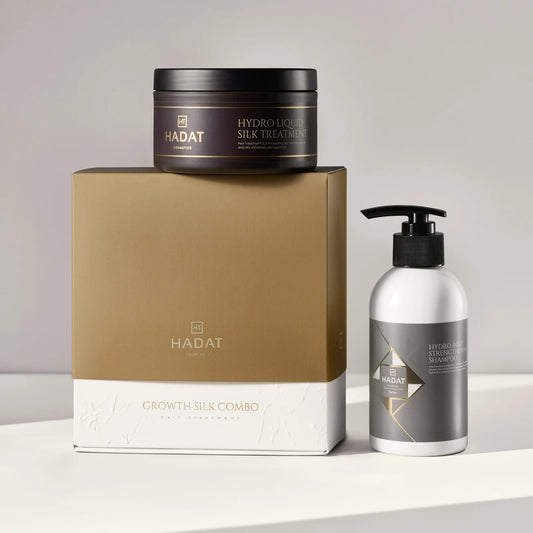 LIMITED EDITION| HADAT COSMETICS GROWTH SILK COMBO – STIPRINANTIS IR ATKURIANTI ŠAMPŪNO IR KAUKĖS PLAUKAMS RINKINYS
