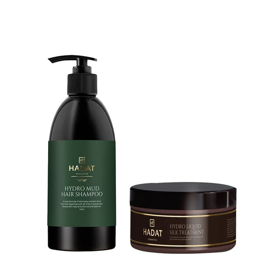 HADAT COSMETICS RINKINYS HYDRO LIQUID SILK TREATMENT – HYDRO SILK PLAUKŲ KAUKĖ 300ML IR HYDRO MUD HAIR SHAMPOO – GILIAI VALANTIS ŠAMPŪNAS 300ML